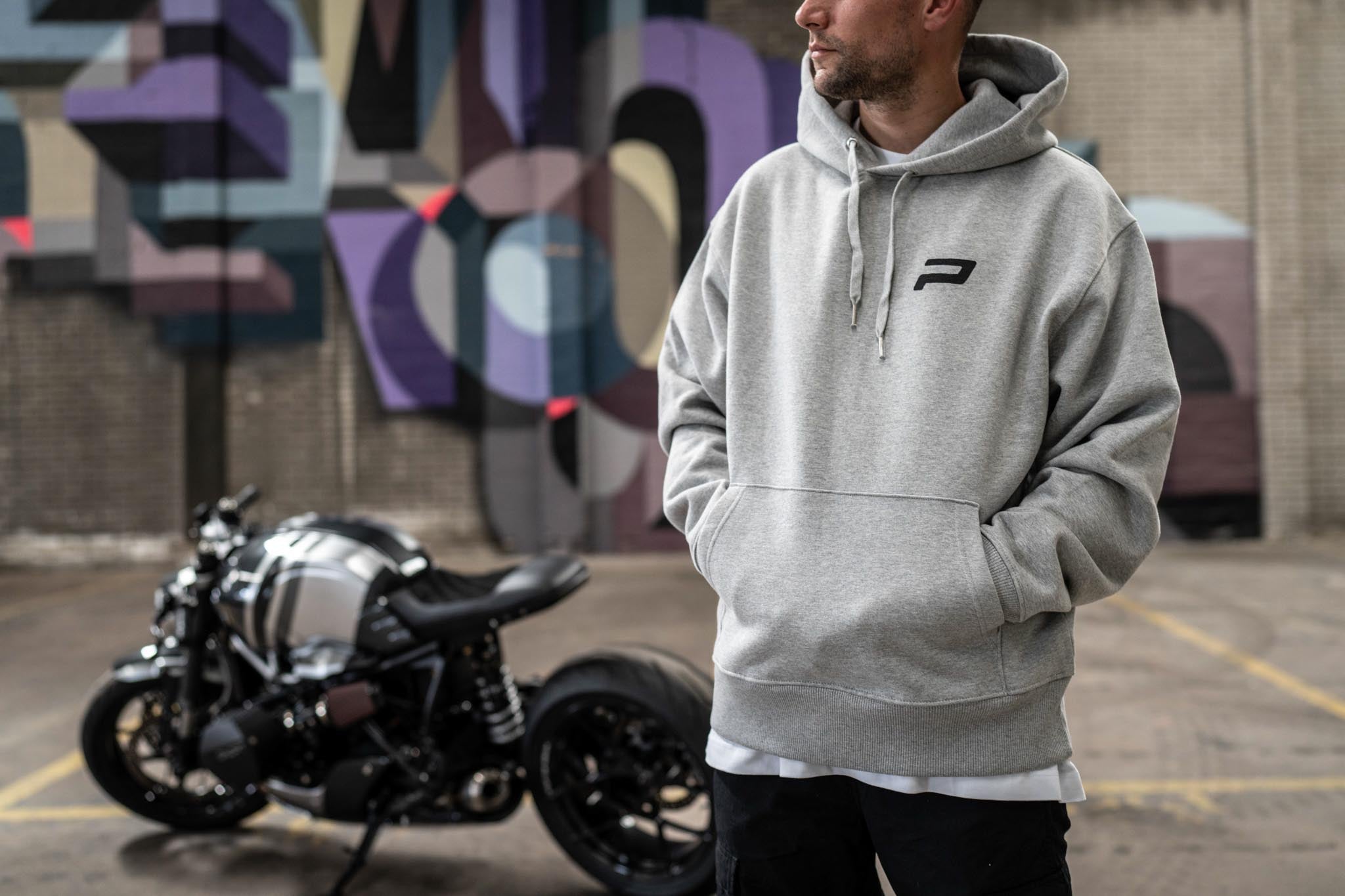Powerbrick merchandise hoodie heather grey caferacer